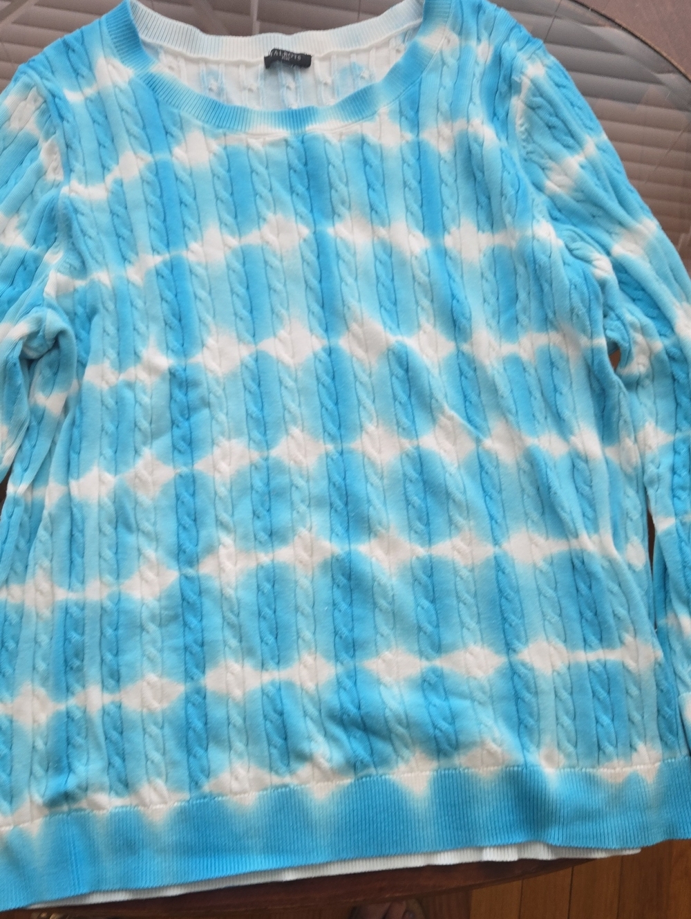 Talbots Light Blue and White Cable-Knit Tie-Dye Crew Sweater